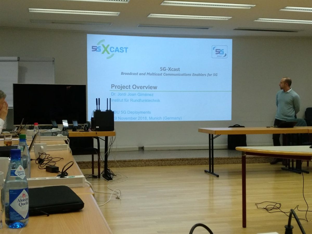 A meeting room with the 5G-Xcast project overview on the screen